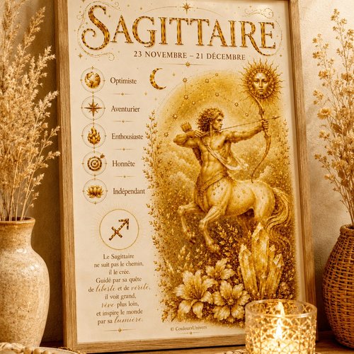 Affiche signe astrologique sagittaire à imprimer – décoration zodiac dorée - pdf téléchargeable a4