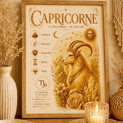 Affiche signe astrologique capricorne à imprimer – décoration zodiac dorée - pdf téléchargeable a4