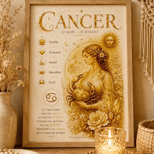Affiche signe astrologique cancer à imprimer – décoration zodiac dorée - pdf téléchargeable a4