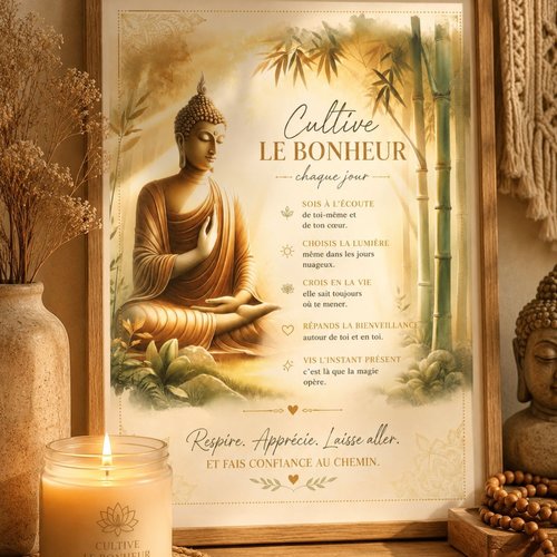 Affiche "cultive le bonheur chaque jour" à imprimer – décoration zen bouddha - pdf téléchargeable a4