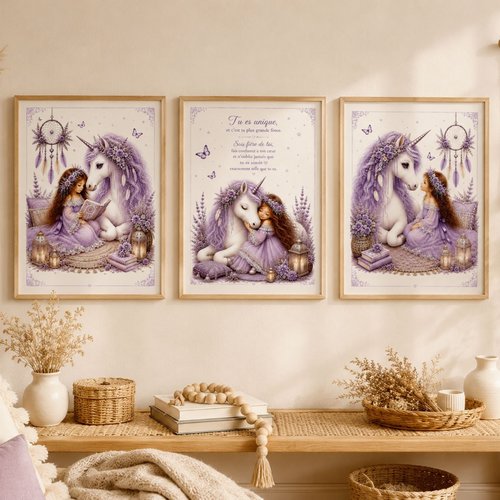Lot de 3 affiches licorne violette à imprimer – décoration féerique pour chambre de fille - pdf téléchargeable a4