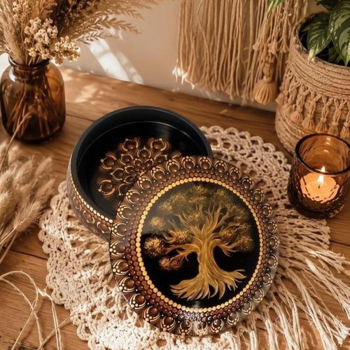 Boîte en bois ronde arbre de vie – boîte de rangement artisanale - décoration bohème & spirituelle