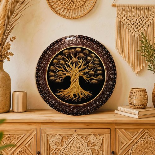Tableau en bois arbre de vie rond – décoration murale artisanale bohème & spirituelle