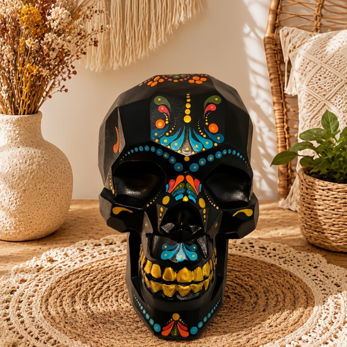 Crâne décoratif mexicain noir – style sugar skull – décoration gothique, bohème et halloween
