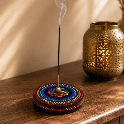 Porte-encens rond mandala – support à bâton d’encens en bois peint à la main