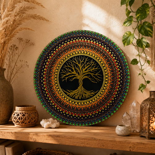 Tableau mandala arbre de vie en bois peint à la main – décoration murale bohème – artisanat unique