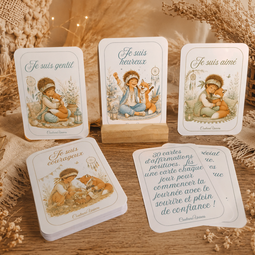 Lot de 30 cartes d'affirmations positives enfant – thème renard – avec support en bois – confiance en soi