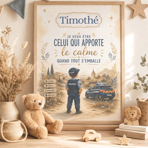 Affiche personnalisée enfant – futur gendarme – décoration chambre garçon – cadeau passion gendarmerie