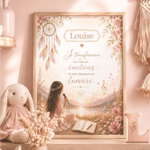 Affiche personnalisée enfant – future chanteuse – passion musique – décoration chambre fille – cadeau personnalisé