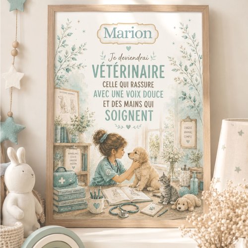 Affiche personnalisée enfant – future vétérinaire – passion des animaux – décoration chambre fille – cadeau personnalisé