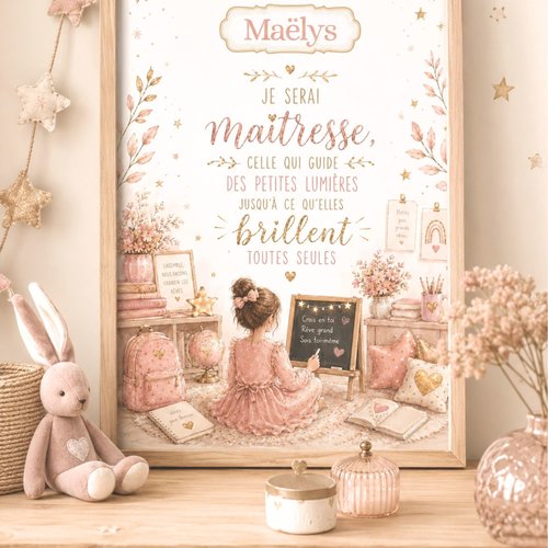 Affiche personnalisée enfant – future maîtresse – passion enseignement – décoration chambre fille – cadeau personnalisé