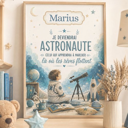 Affiche personnalisée enfant – futur astronaute – passion espace – décoration chambre garçon – cadeau personnalisé