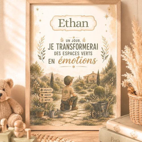 Affiche personnalisée enfant – futur paysagiste – passion jardin et nature – décoration chambre garçon – cadeau personnalisé