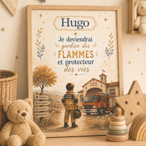 Affiche personnalisée enfant – futur pompier – passion des sapeurs-pompiers – décoration chambre garçon – cadeau personnalisé