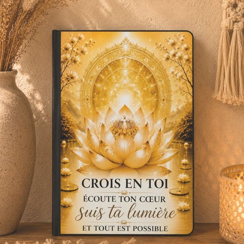Carnet de notes – lotus doré, lumière intérieure et confiance en soi