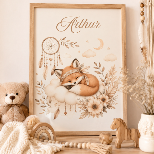 Affiche renard bohème pour chambre bébé – décoration murale enfant avec attrape-rêves