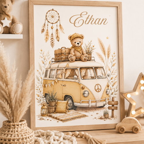 Affiche ourson bohème en van vintage – décoration murale pour chambre bébé et enfant