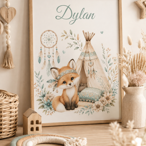 Affiche renard bohème avec tipi – décoration murale pour chambre bébé et enfant