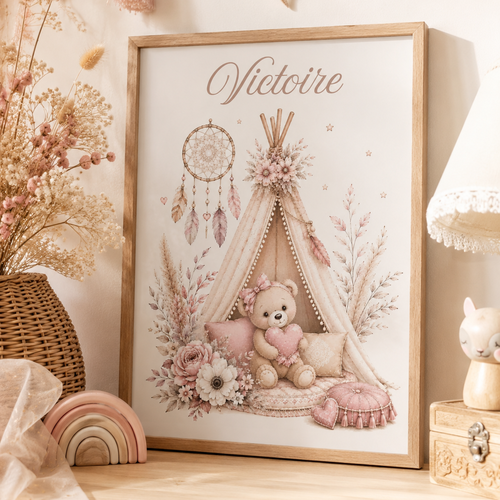 Affiche décorative bohème fille – ourson et tipi fleuri – décoration chambre enfant