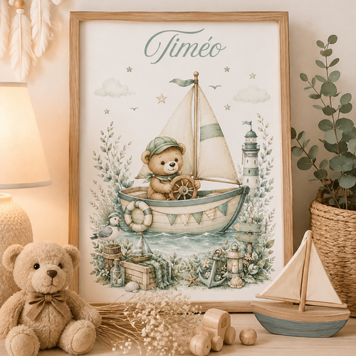 Affiche chambre enfant ourson marin – voilier et univers bohème