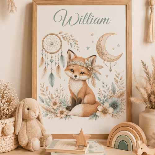 Affiche renard bohème pour chambre enfant – attrape-rêves, lune et étoiles