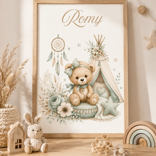 Affiche chambre enfant bohème – ourson, tipi et attrape-rêves