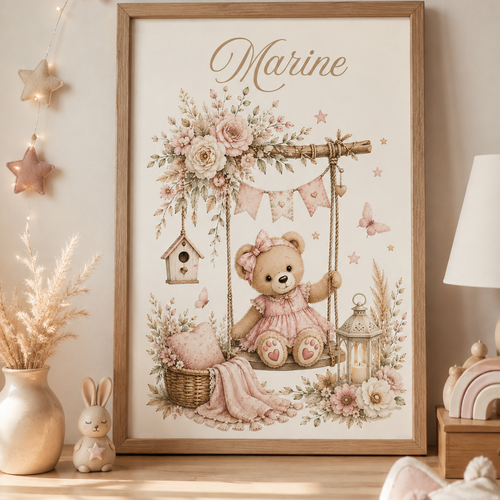 Affiche ourson sur balançoire fleurie – décoration poétique pour chambre enfant