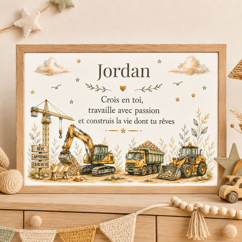 Affiche engins de chantier – décoration pour chambre d’enfant - affiche personnalisée