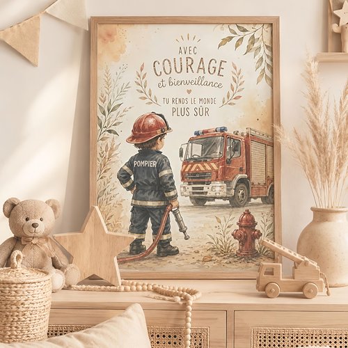 Affiche petit pompier – courage & bienveillance | décoration chambre enfant – téléchargement français et anglais