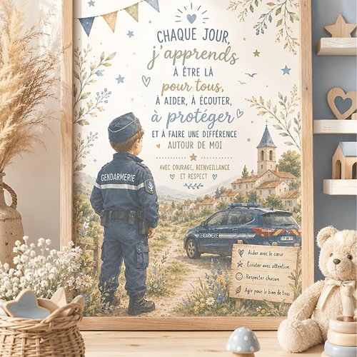 Affiche enfant gendarme personnalisée – courage et protection – version française ou anglaise – téléchargement numérique