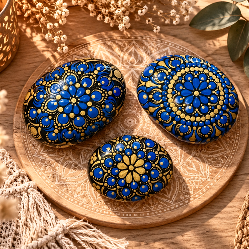 Lot de 3 galets naturels peints à la main – décoration mandala bleu et doré – galets zen artisanaux