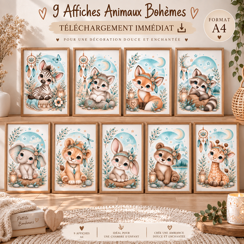 9 affiches animaux bohèmes à télécharger – décoration chambre enfant – illustrations douces format a4