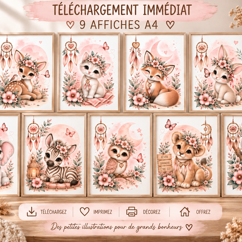 9 affiches animaux fille à télécharger – déco bohème rose – posters a4 - animaux mignons
