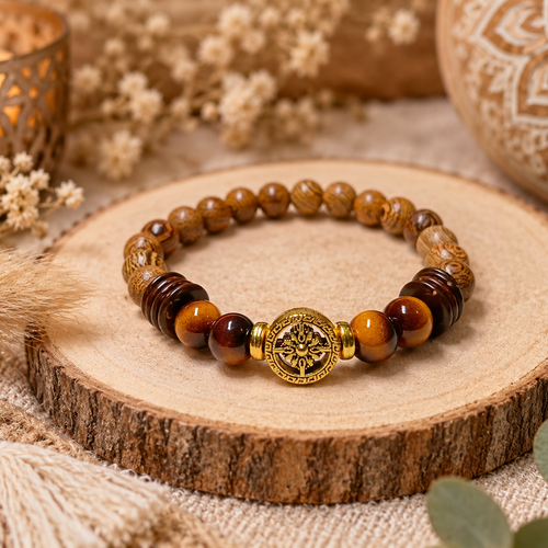 Bracelet en bois & œil de tigre – bijou naturel bohème avec perles en pierre naturelle