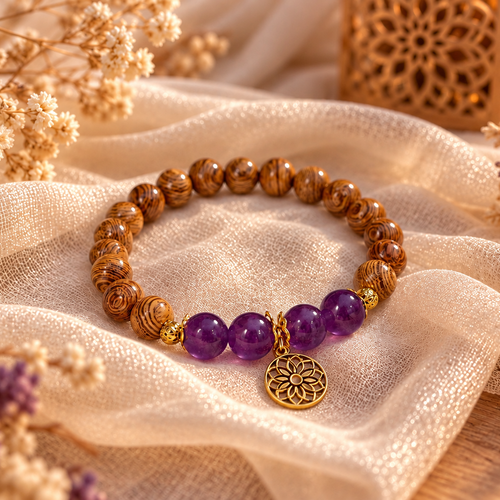 Bracelet en bois & améthyste – bijou bohème en pierres naturelles avec médaillon fleur de vie