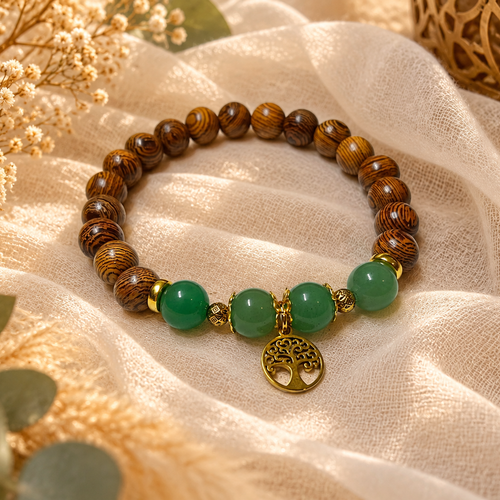 Bracelet bois & aventurine naturelle – bijou bohème avec arbre de vie