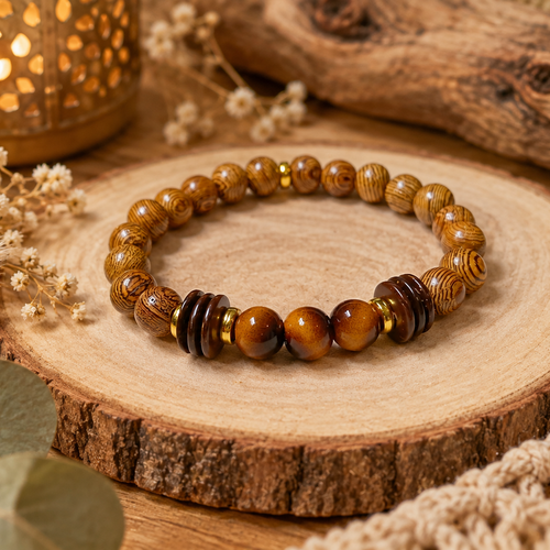 Bracelet en bois & œil de tigre naturel – bijou bohème aux tons marron et dorés