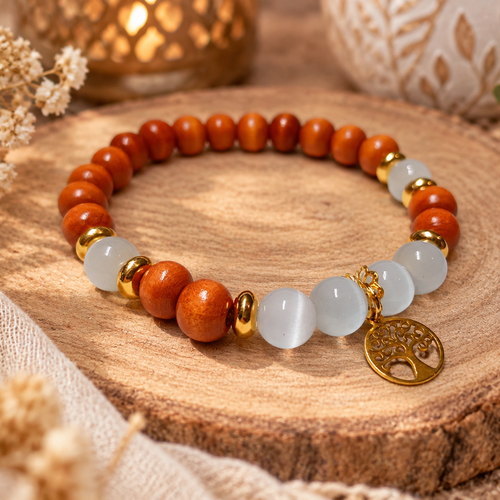Bracelet en bois & œil de chat naturel – bijou bohème avec arbre de vie