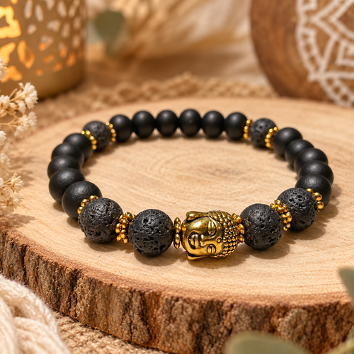 Bracelet bois & pierre de lave – breloque bouddha – bijou zen bohème