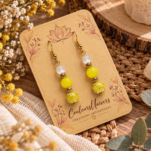 Boucles d’oreilles œil de chat jaune & blanc – perles naturelles – acier inoxydable – bijou bohème