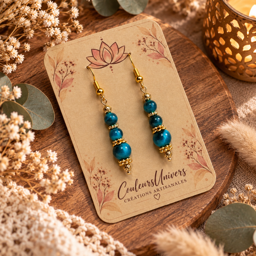 Boucles d’oreilles œil de tigre teinté bleu turquoise – perles naturelles & acier inoxydable