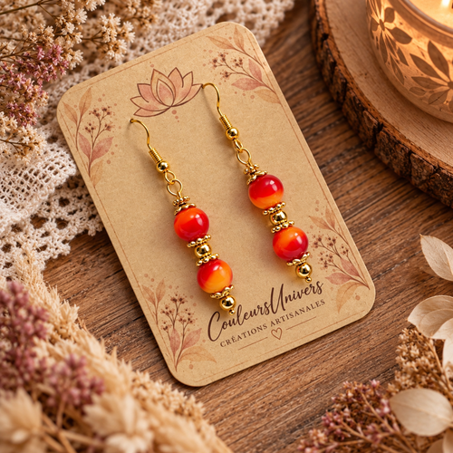 Boucles d’oreilles œil de tigre teinté rouge orange – perles naturelles & acier inoxydable