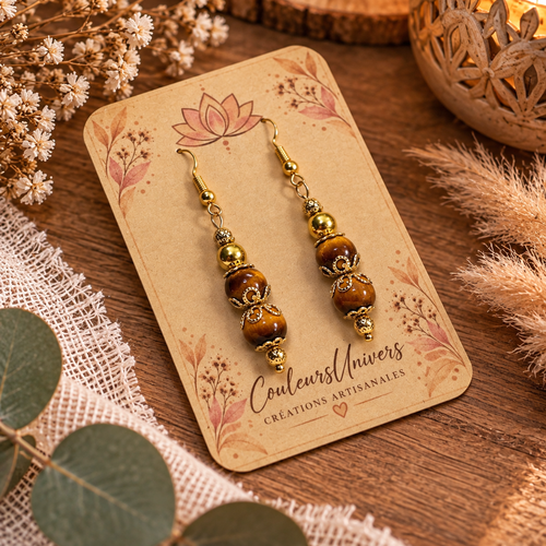 Boucles d’oreilles œil de tigre – perles de pierre naturelle & acier inoxydable – bijou bohème doré