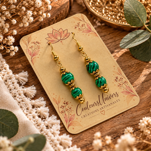 Boucles d’oreilles malachite – perles de pierre naturelle & acier inoxydable – bijou bohème doré