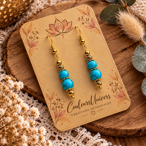 Boucles d’oreilles howlite teintée bleu turquoise – pierre naturelle & acier inoxydable – bijou bohème