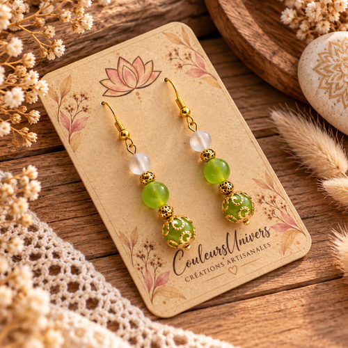 Boucles d’oreilles œil de chat vert d’eau & blanc – pierre naturelle et acier inoxydable – bijou bohème