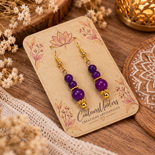 Boucles d’oreilles améthyste – perles de pierre naturelle & acier inoxydable – bijou bohème doré