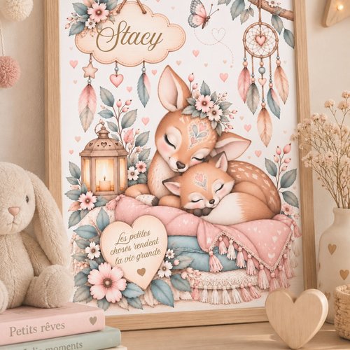 Affiche personnalisée bohème – décoration douce et poétique pour chambre bébé ou enfant – fleurs, cœurs & attrape-rêves