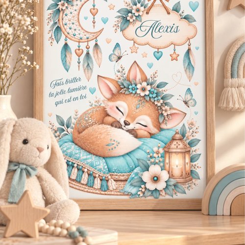 Affiche personnalisée renard bohème – petit renard fleuri – décoration chambre bébé ou enfant – lune, papillons & attrape-rêves