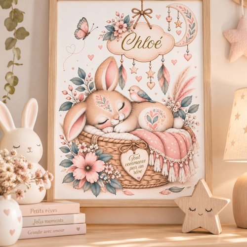 Affiche personnalisée lapin bohème – petit lapin fleuri – décoration chambre bébé ou enfant – fleurs, lune & papillon